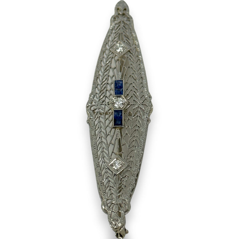 1920s Art Deco 14k White Gold Solid Rhodium Plated Top Blue Sapphire Transitional Cut Diamond Brooch Pin