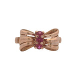 Vintage 1930s Solid 14kt Rose Gold Retro Bow Ring With 3 Pink Rubies Size 7