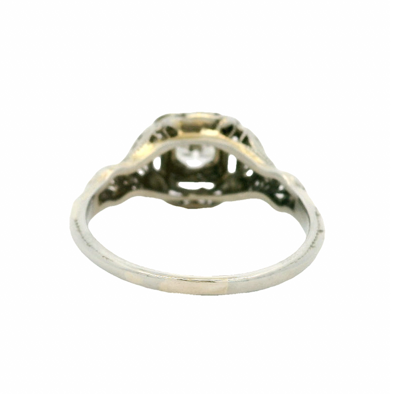 Antique 1910-20s Solid 18kt White Gold and Transitional Cut Diamond Solitaire Filigree Ring with Small Floral Details Size 7