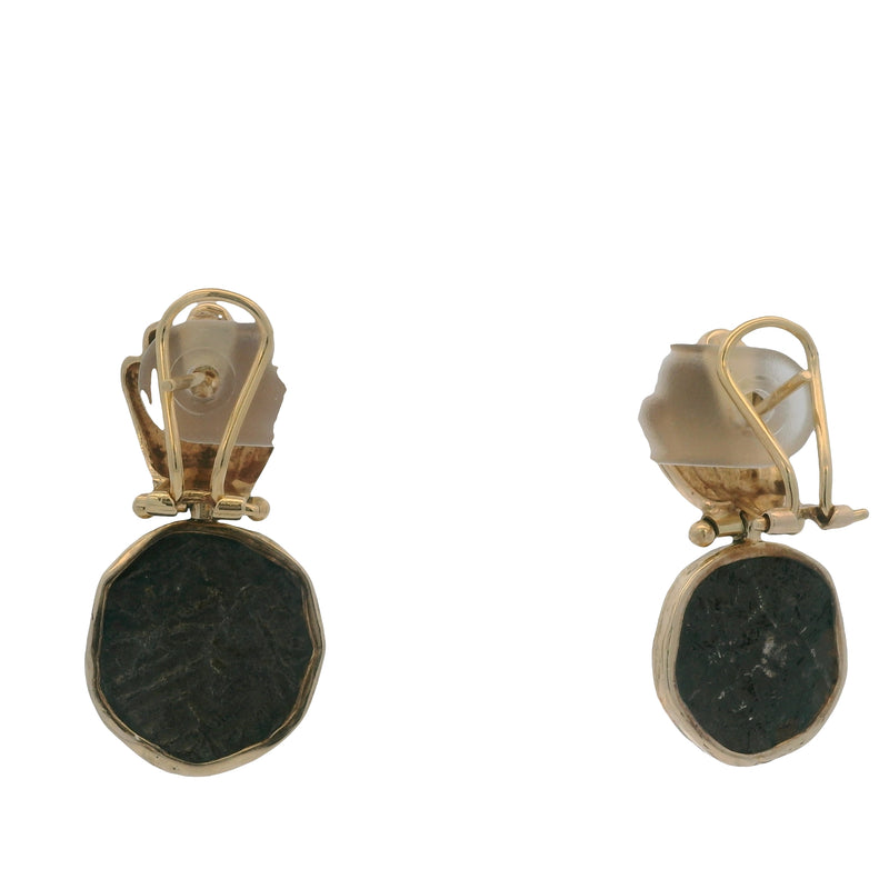 1980s Solid 14kt Yellow Gold Bezel-Set Atocha Shipwreck Coin Omega-Back Drop/Dangle Earrings