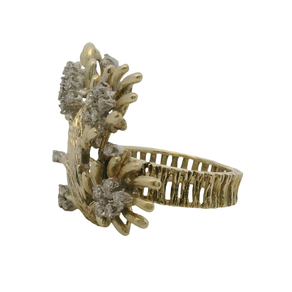 Vintage 1970-80s 14kt Yellow Gold and Diamond Branch Tree Statement Cluster Ring Size 7