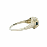 Antique 1920s Art Deco 18kt White Gold and Octagon Set Diamond Solitaire Ring with Lab Sapphire Sides