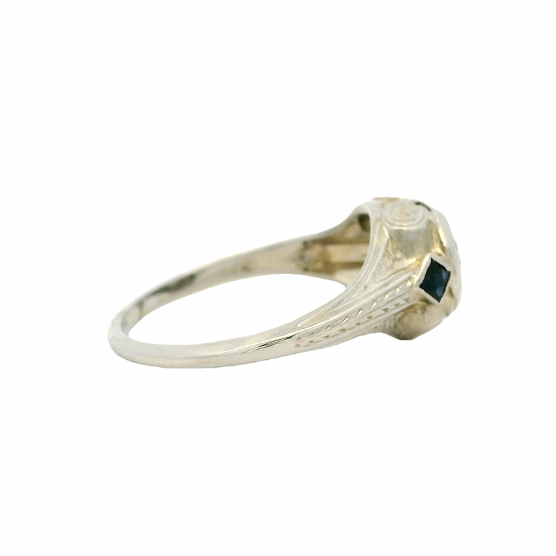 Antique 1920s Art Deco 18kt White Gold and Octagon Set Diamond Solitaire Ring with Lab Sapphire Sides