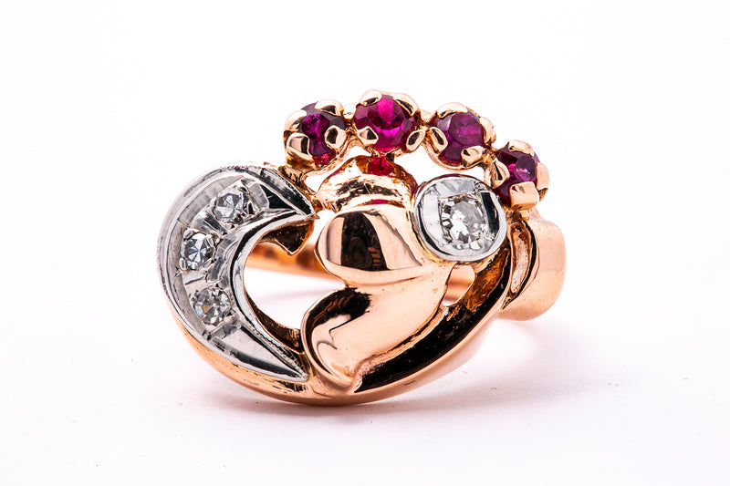 1930-50s Retro Diamond Accent Flower Band 14K 585 Rose & White Gold Ring Sz 4