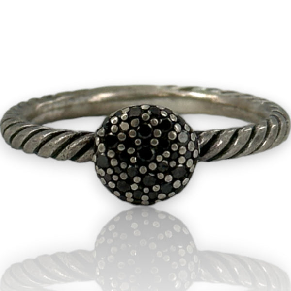 David Yurman Signed 925 Sterling Silver Cord Ring With Black Diamond Cluster Size 8