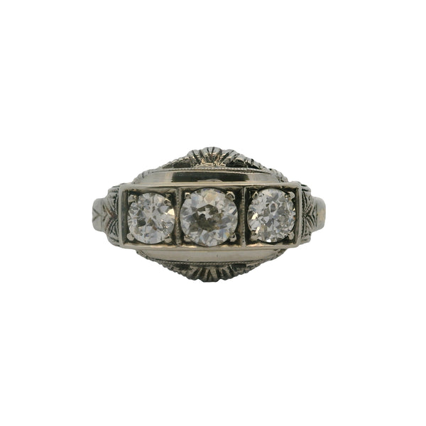 Antique 1910-20s Early Deco 18kt White Gold 3-Stone Old Euro Diamond Ring Size 6