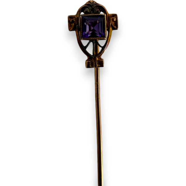Antique Victorian 1890s 10kt Yellow Gold and Amethyst Stick Pin in Original Box Made in Germany