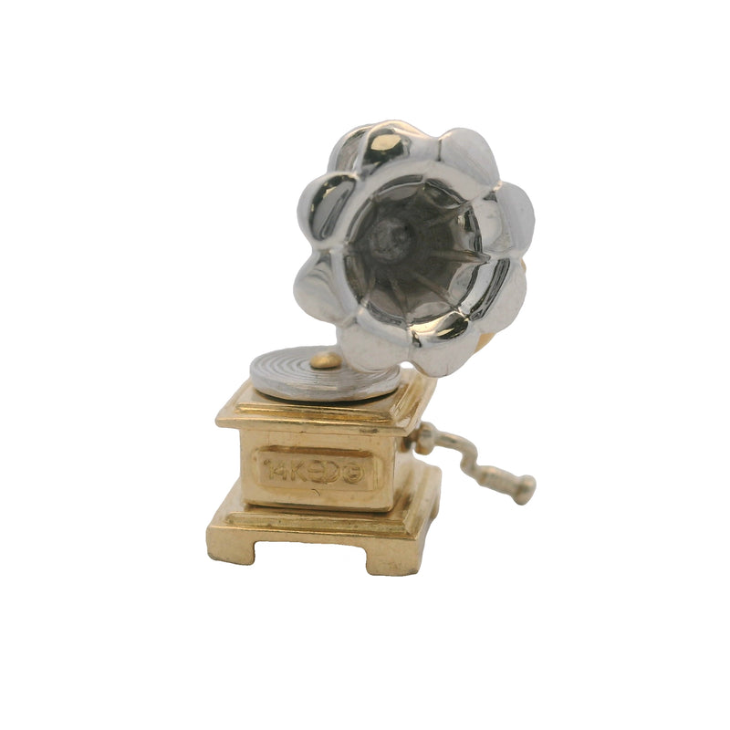 Vintage 14kt White and Yellow Gold Gramophone Phonograph Moving Charm Pendant