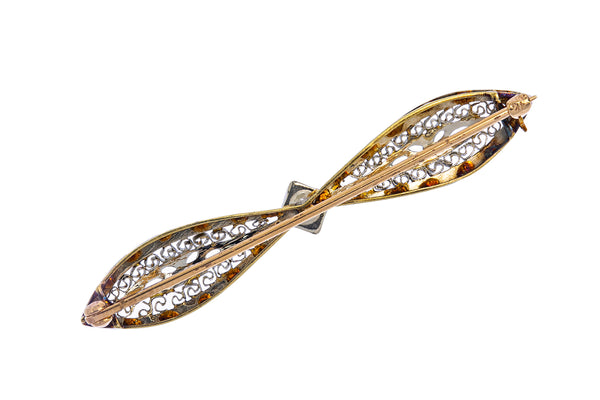 Antique Edwardian Diamond Solitaire Filigree Pierced Lapel Pin 14K 585 White & Yellow Gold Brooch