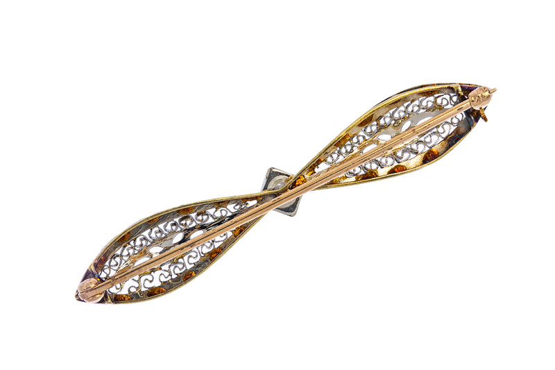 Antique Edwardian Diamond Solitaire Filigree Pierced Lapel Pin 14K 585 White & Yellow Gold Brooch