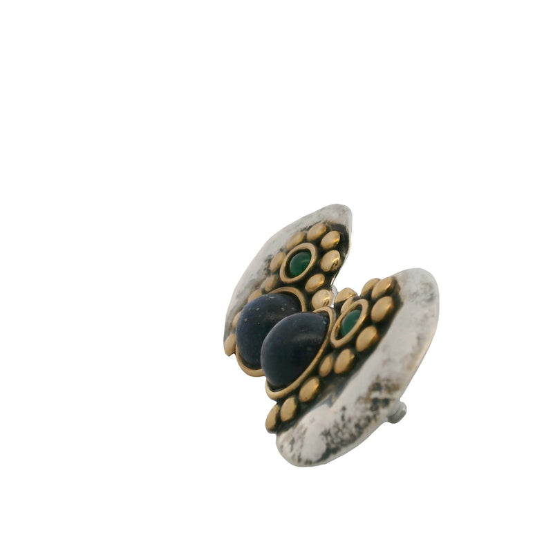 Louis Booth 925 Sterling Silver and Brass 28mm Earrings with Sodalite and Green Onyx Cabochons