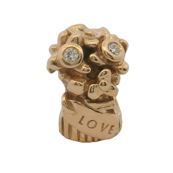 Pandora Retired Solid 14kt Yellow Gold and Diamond Love Bouquet Bead Charm