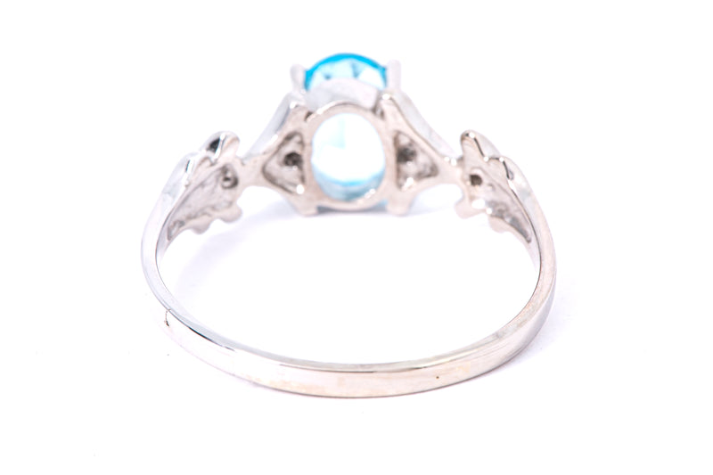 Solid 14kt White Gold Prong-Set Blue Topaz Ring with 4 Diamond Accents Size 10
