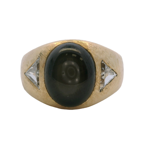 Vintage 1960-70s Men's 14kt Yellow Gold 6.5ct Cabochon Black Star Sapphire and Trillion Diamond Ring Size 8.5