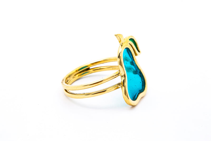 Acrylic Pear Shape Fruit Motif 18k 750 Yellow Gold Ring Size 6