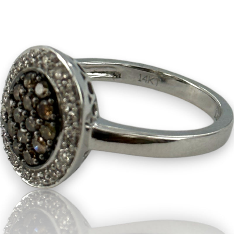 LeVian Solid 14kt White Gold Cluster Ring with Cognac Chocolate Diamonds and White Vanilla Diamond Halo Size 7