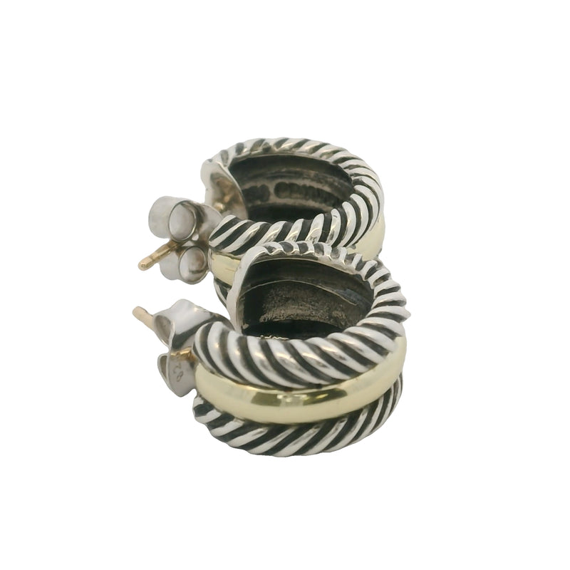 David Yurman Cable Collectibles 925 Sterling and 14k Yellow Gold Huggie Hoops Earrings