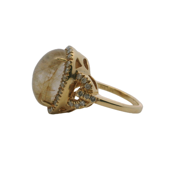14kt Yellow Gold Cabochon Rutilated Quartz and Diamond Halo Statement Ring Size 7