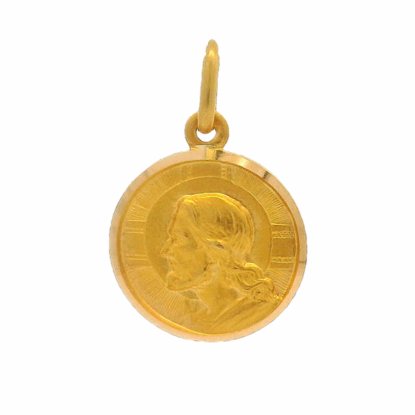 Colgante con dije religioso cristiano de 13 mm "Dio Ti Protegga" en oro amarillo italiano de 18 kt con el retrato de Jesús.