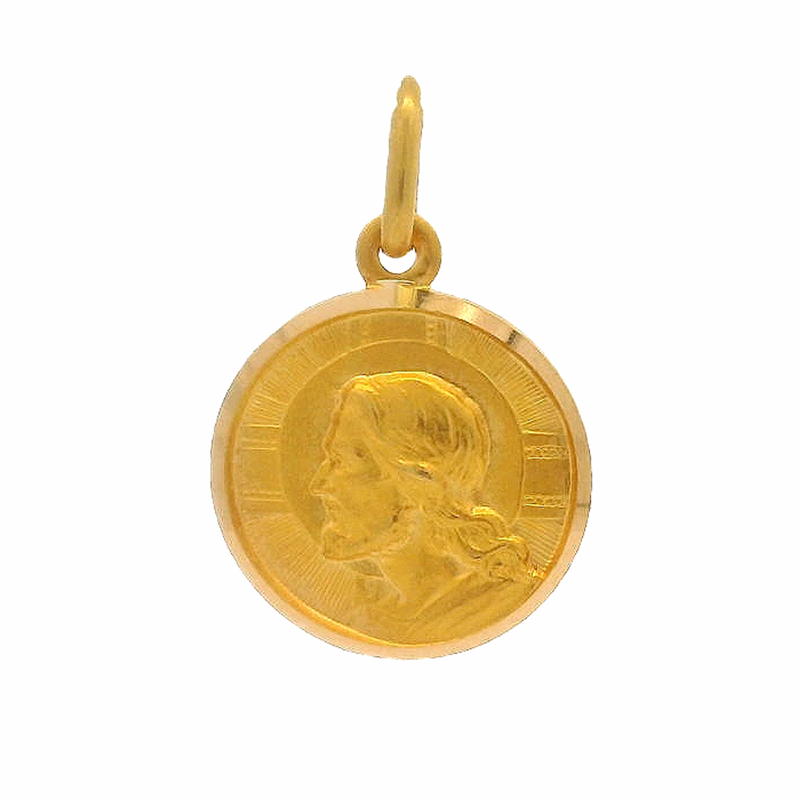Colgante con dije religioso cristiano de 13 mm "Dio Ti Protegga" en oro amarillo italiano de 18 kt con el retrato de Jesús.