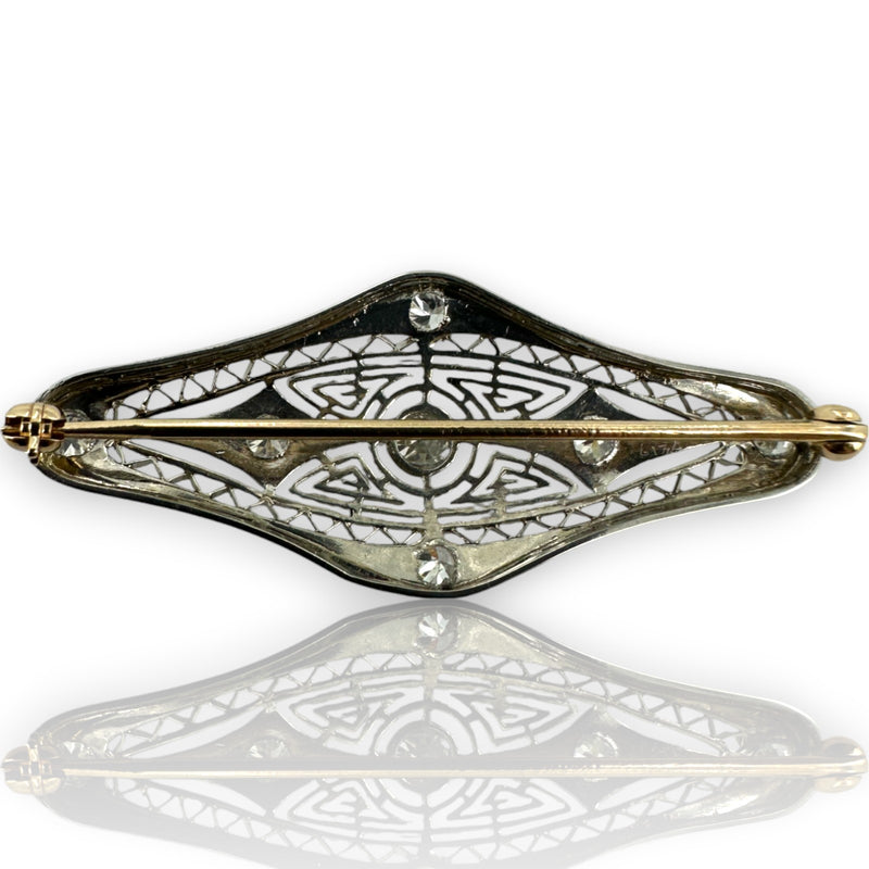 Antique 1900-1910s Edwardian Platinum and 14kt Yellow Gold Diamond Brooch Pin