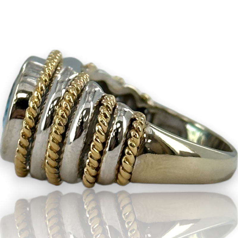 Anillo llamativo firmado por EFFY, oro blanco sólido de 14 kt en dos tonos, oro amarillo y topacio azul intenso con corte de tablero de ajedrez, talla 7,75
