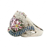 Solid 18kt White Gold Large Snakes and Flowers Cocktail Ring with Pink Glass Center Stone, Diamonds, Sapphires, and Rubies