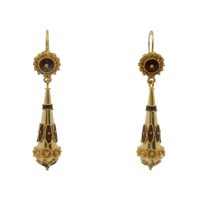 Vintage Solid 14kt Yellow Gold and Red Enamel Etruscan Style Drop/Dangle Hook Earrings