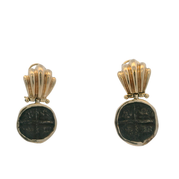 1980s Solid 14kt Yellow Gold Bezel-Set Atocha Shipwreck Coin Omega-Back Drop/Dangle Earrings