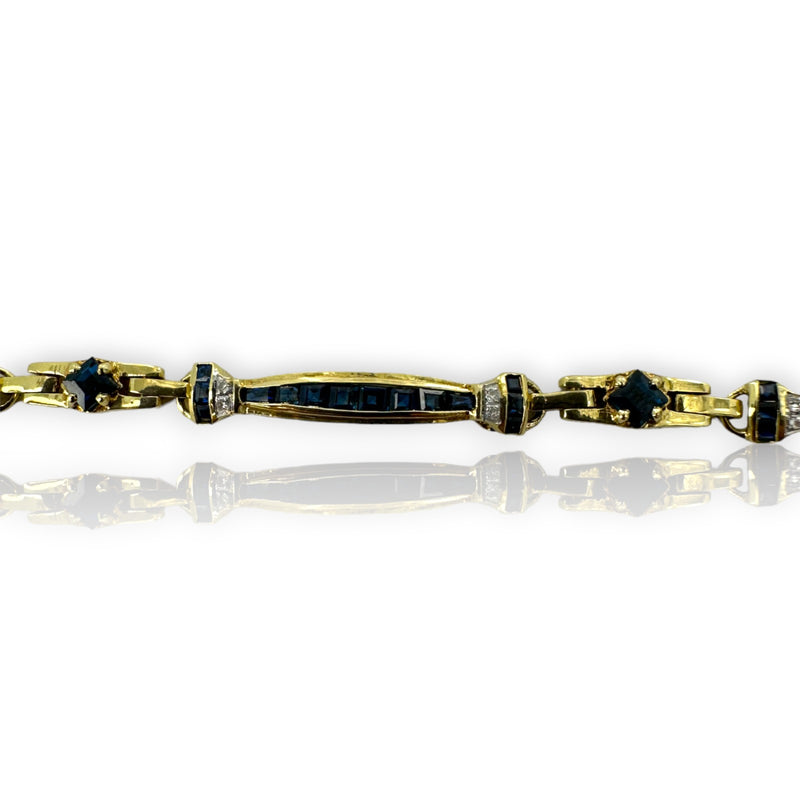 Kahn Bros Antique 1930-40s Lab Sapphire and Natural Diamond Alternating Link Bracelet in 18kt Yellow Gold