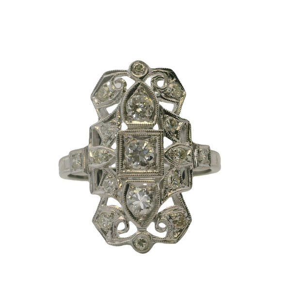 Antique 1920s Art Deco 14kt White Gold and Diamond 23mm Long Milgrain Filigree Dinner Ring Size 8.5