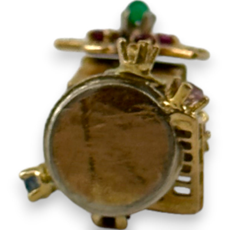 Vintage Solid 14kt Yellow Gold with White Gold Accents Moving Detailed Windmill Charm with Lab Rubies, Sapphires, and Emerald Pendant