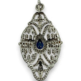 Art Deco Inspired Solid 14kt White Gold Necklace 2" Long Pendant Navette-Shaped with Pear-Cut Center Sapphire and Many Diamonds