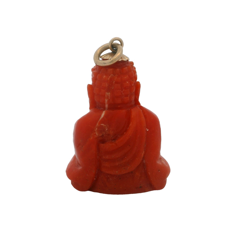 Genuine Carved Coral and 14kt Yellow Gold Meditation Pose Detailed Buddha 1.2" Long Pendant