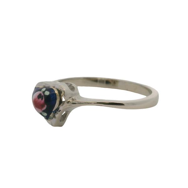 Vintage Italian Solid 18kt White Gold and Enamel Floral Heart Rose Ring Size 6