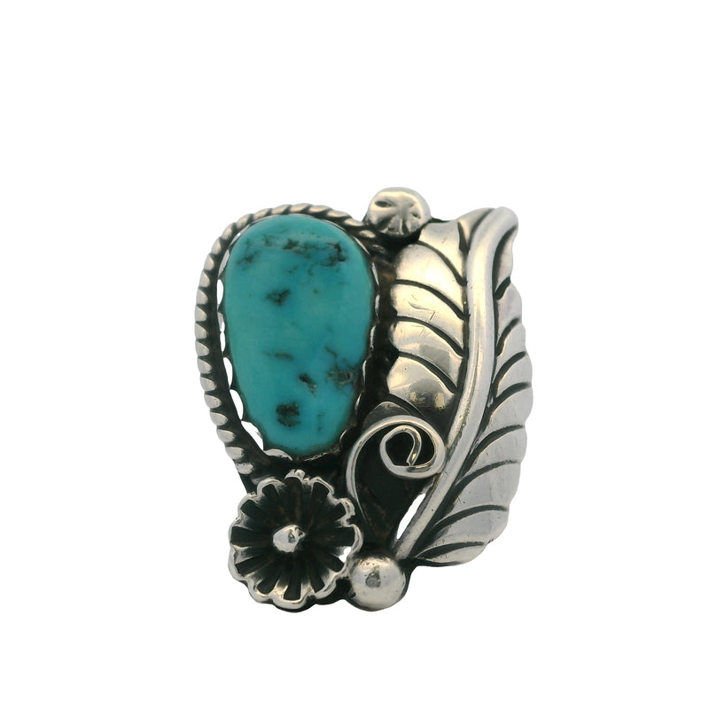 Lambert Livingston Navajo 925 Sterling Silver and Turquoise Flower and Leaf Ring Size 5