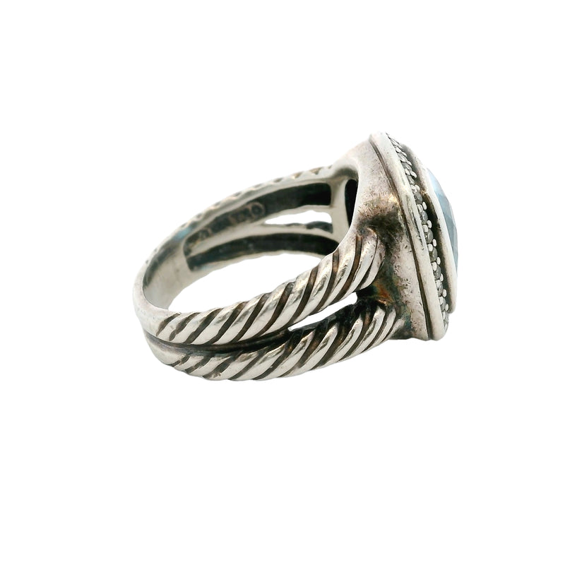 David Yurman 925 Sterling Silver Blue Topaz and Diamond Halo 16mm Wide Albion Ring Size 7.5