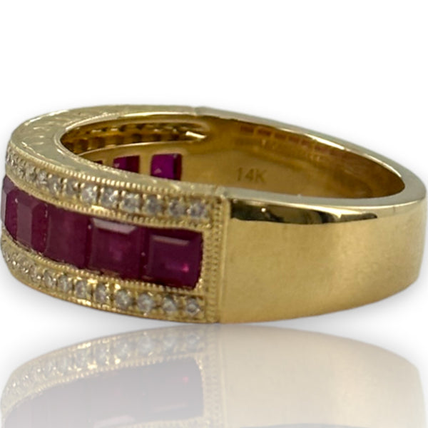 QCD Quality Color Design Solid 14kt Yellow Gold Half Eternity Ruby and Diamond Band Stacking Ring Size 7