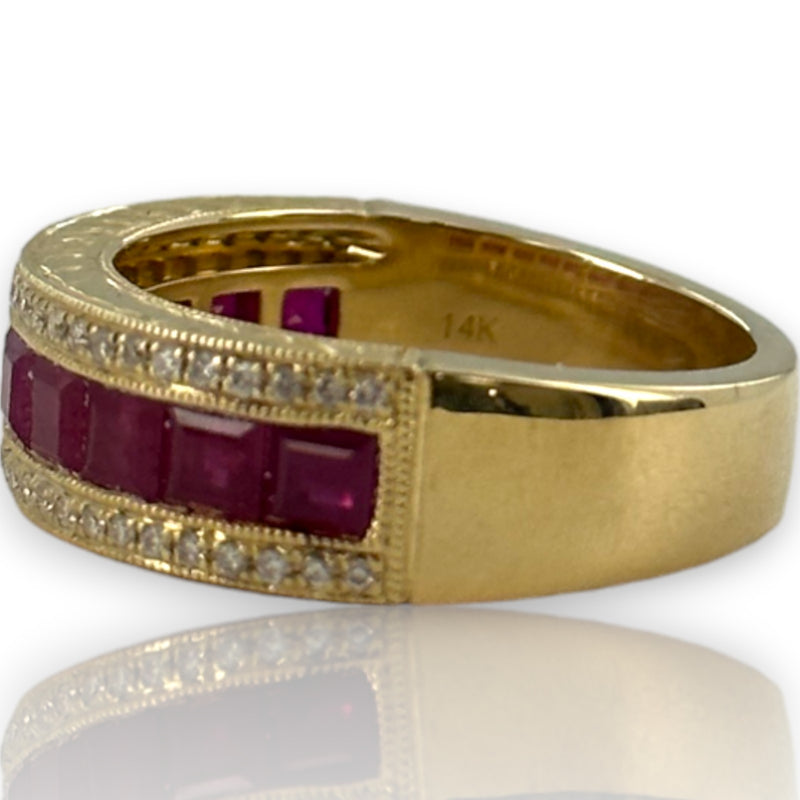 QCD Quality Color Design Solid 14kt Yellow Gold Half Eternity Ruby and Diamond Band Stacking Ring Size 7