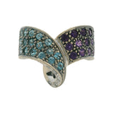 Solid 18kt White Gold Amethyst, Blue Topaz, and Diamond Wave Cocktail Ring Size 6.5