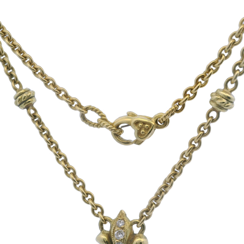 Solid 18kt Yellow Gold and Diamond Fleur-de-lis Heart Drop Pendant 15" Knots Necklace
