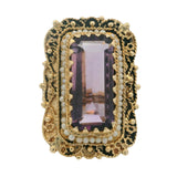 Vintage 1970-80s Victorian Revival Amethyst and Pearl Intricate Cocktail Statement Ring Size 5.5