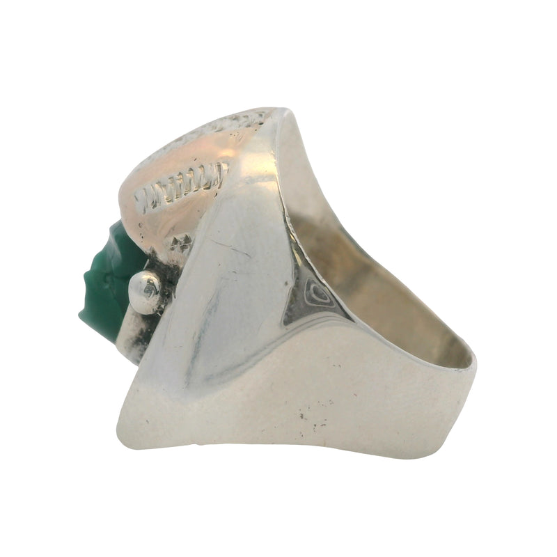 Vintage Mexican 925 Sterling Silver and Carved Green Onyx Aztec Warrior Ring Size 7.5