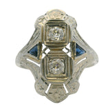 Antique Solid 18kt White Gold, Old European Diamond, and Sapphire Dinner Cocktail Ring Size 9.5