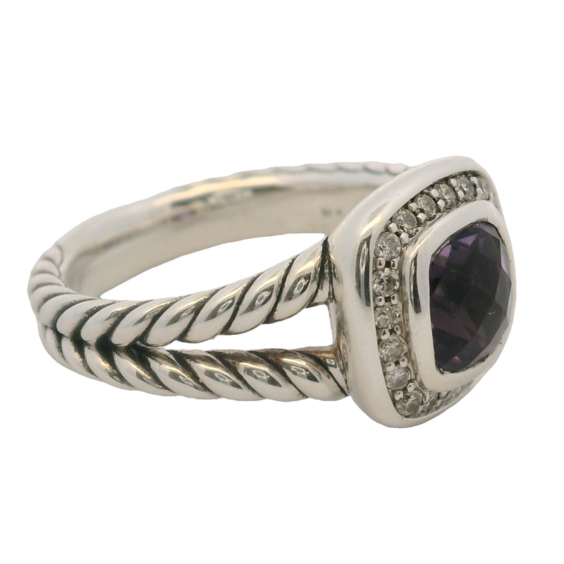 David Yurman 925 Sterling Silver Petite Amethyst Albion Ring with Diamond Halo Size 7