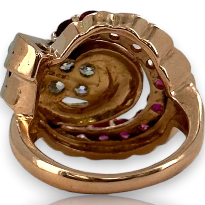Vintage Retro 1930s-50s Solid 14kt Rose Gold Old European Cut Antique Diamond and Ruby Cocktail Statement Ring Size 4.75 Resizeable