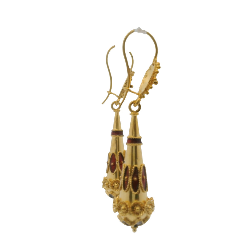 Vintage Solid 14kt Yellow Gold and Red Enamel Etruscan Style Drop/Dangle Hook Earrings