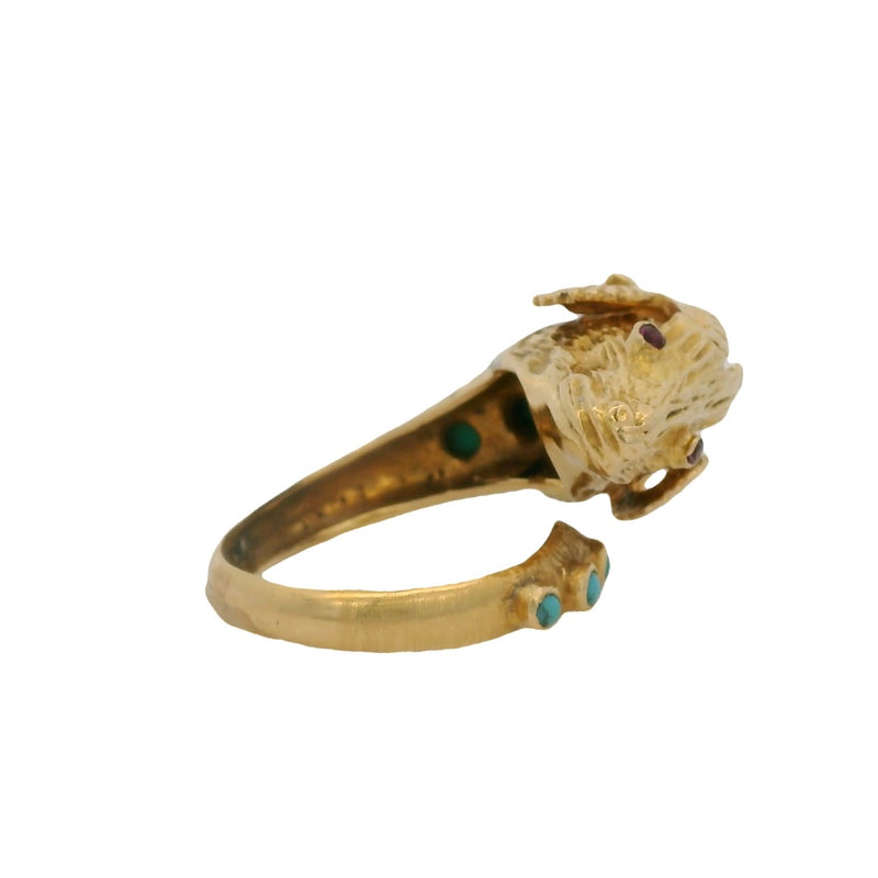 Vintage Solid 18kt Yellow Gold Ram's Head Ring with Turquoise, 3 Diamonds, and Ruby Eyes Size 8