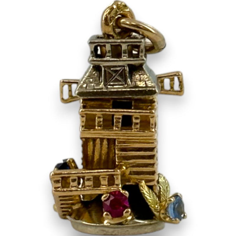 Vintage Solid 14kt Yellow Gold with White Gold Accents Moving Detailed Windmill Charm with Lab Rubies, Sapphires, and Emerald Pendant