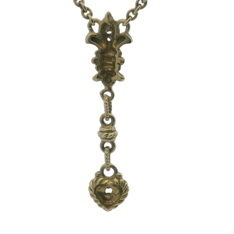 Solid 18kt Yellow Gold and Diamond Fleur-de-lis Heart Drop Pendant 15" Knots Necklace